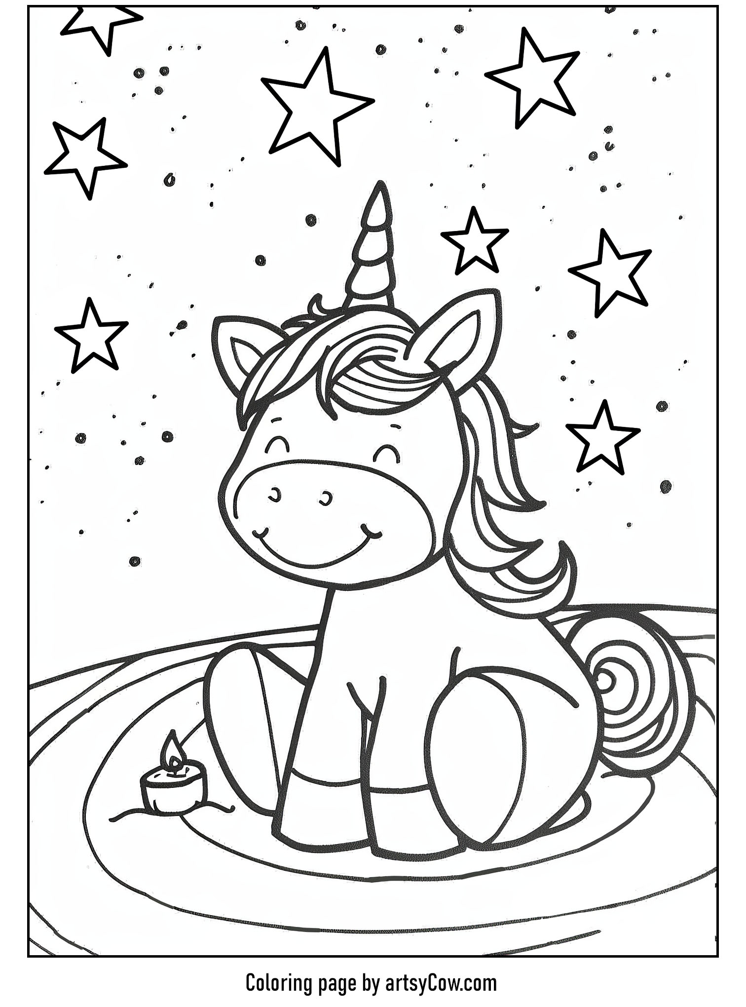 a joyful unicorn sitting under a celestial sky with stars